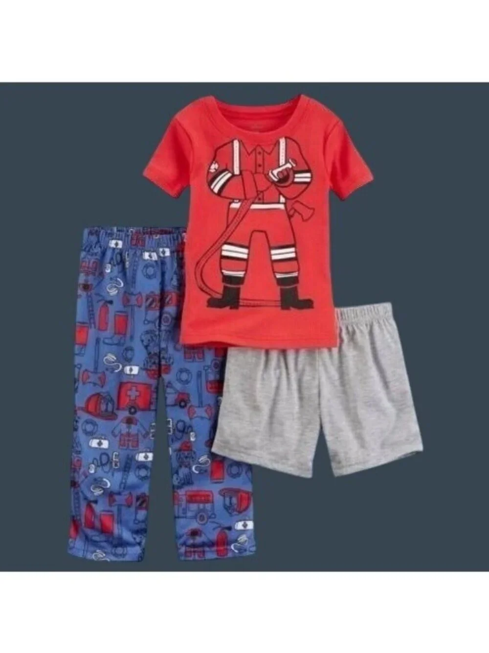 Firefighter Themed 3-Piece 18 Mo Kids Pajama Set  Top Shorts Long Pants